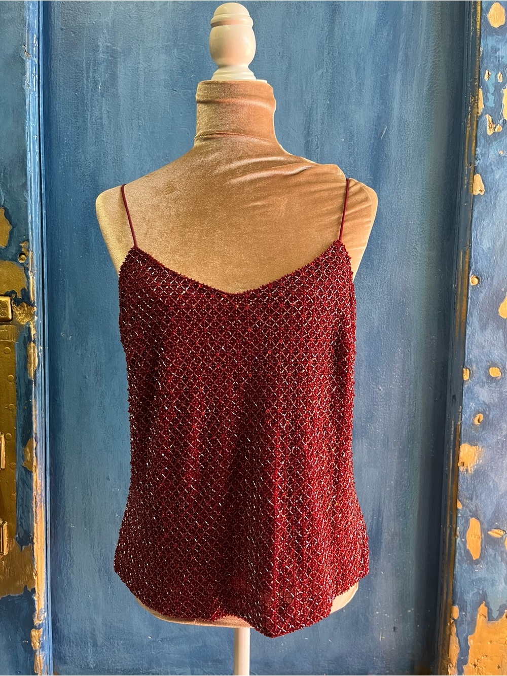 Ann Taylor Beaded Burgundy Spaghetti-Strap Camisole